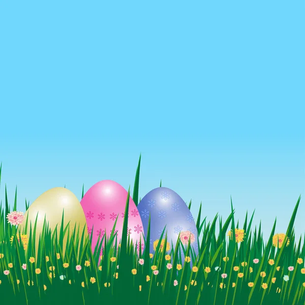 Plakat oder Hintergrund Ostern. Vorlage Karte mit Eiern, Gras und Blumen. Vektor — Stockvektor