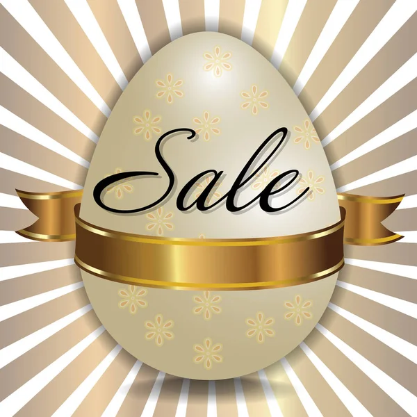 Easter sale background with decorated white egg and golden ribbon. Vector — Stock Vector