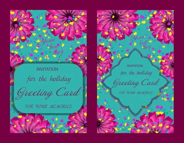 Set carte de vœux décorative ou invitation et mariage. Belle toile de fond turquoise design horizontal avec des fleurs et confettis. Vecteur — Image vectorielle