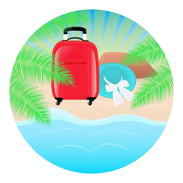 Летний концептуальный круглый стол. Морской пейзаж, пальмы, пляжная шляпа и красная дорожная сумка. Вектор — стоковый вектор