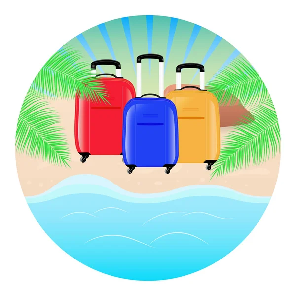 Летний концептуальный круглый стол. Морской пейзаж, пляж, пальма и три дорожные сумки. Вектор — стоковый вектор