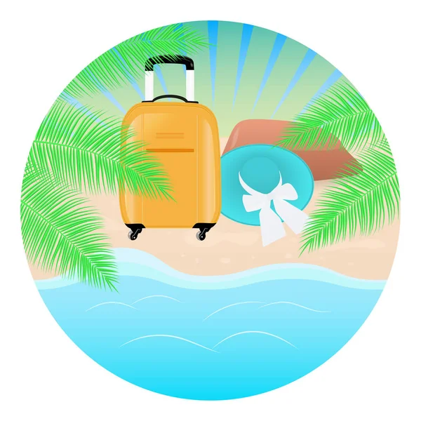 Summer concept round background. Sea landscape, palm tree, beach hat and yellow travel bag. Vector — Stock Vector