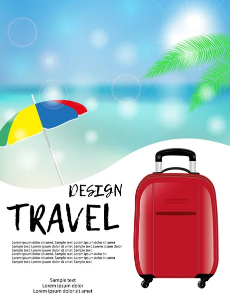Design pubblicitario per viaggi e vacanze con valigia rossa e ombrellone. Estate. Modello di poster. Vettore — Vettoriale Stock