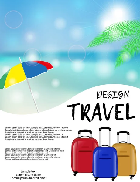 Reise- und Urlaubswerbung mit gelben, roten und blauen Koffern und Sonnenschirm. Sommer. Plakatvorlage. Vektor — Stockvektor
