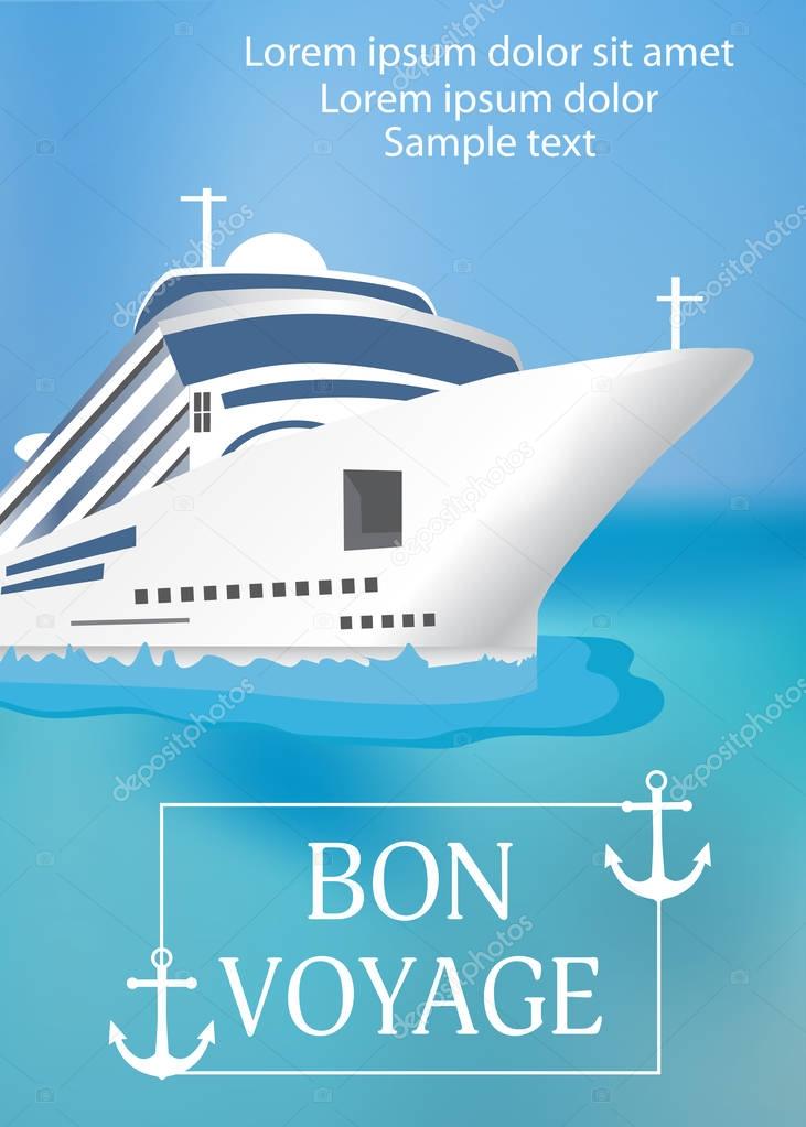 Cruise ship with Bon Voyage headline. Set poster or banner template. Transatlantic liner ship, anchor. Vector