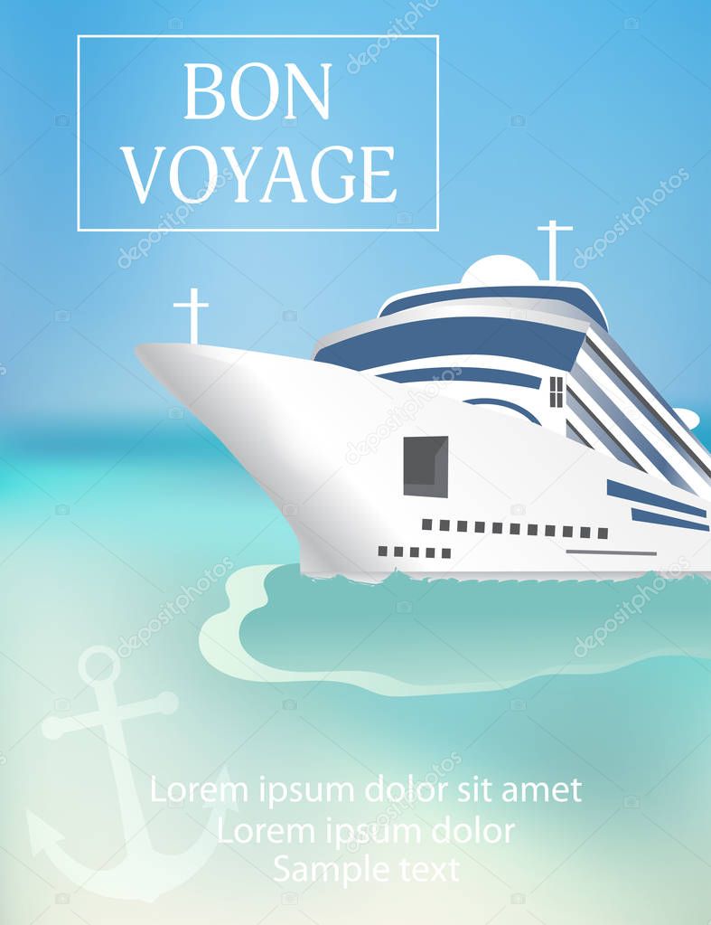 Cruise ship with Bon Voyage headline. Set poster or banner template. Transatlantic liner ship, anchor. Vector