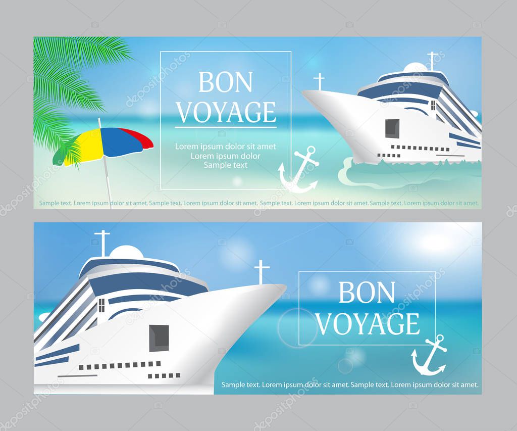 Cruise ship. Set poster or banner template. Transatlantic liner ship, anchor. Vector