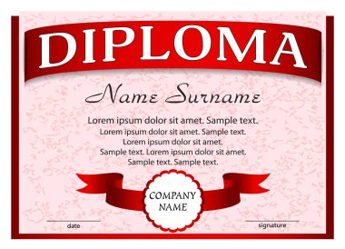 Şablon diploma kırmızı kurdele ile. Vektör