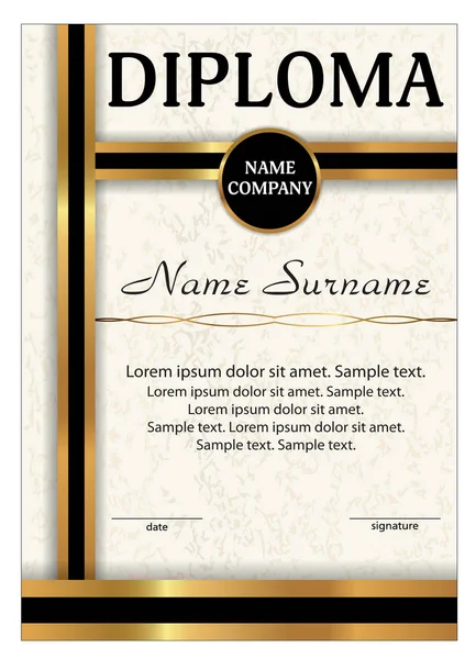 Diploma o certificato. Modello verticale con elementi decorativi in oro e nero. Ricompensa. Vincere la competizione. Vincitore del premio. Vettore — Vettoriale Stock