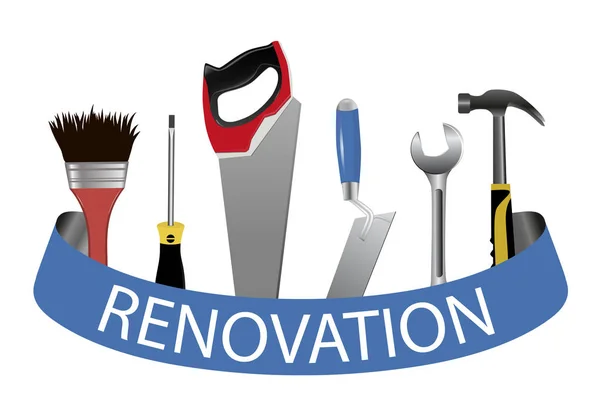 Un ensemble d'outils. Logo concept pour la rénovation du service. Truelle, scie, marteau, clé, tournevis et brosse. Vecteur — Image vectorielle