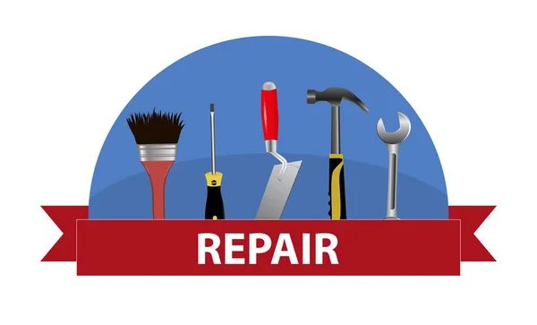 Um conjunto de ferramentas. Logotipo de conceito para reparo de serviço. Espátula, martelo, chave, chave de fenda e escova. Vetor —  Vetores de Stock