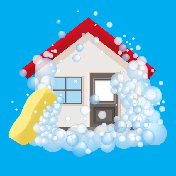 Logo conceptual y póster de limpieza. La casa en espuma. Servicio de limpieza de letreros sobre fondo azul. Vector — Vector de stock
