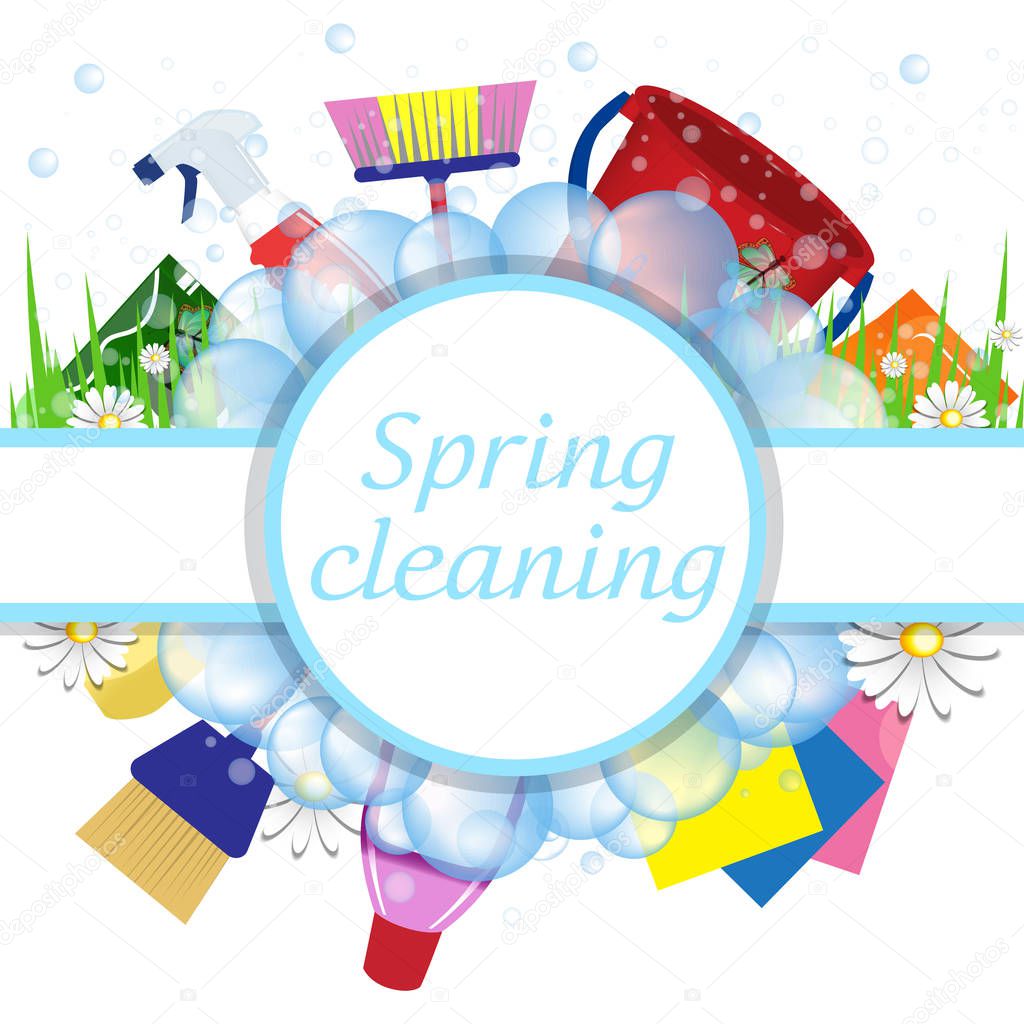 Concept spring cleaning service. Tools for cleanliness and disinfection. Soap bubbles frame. Vector