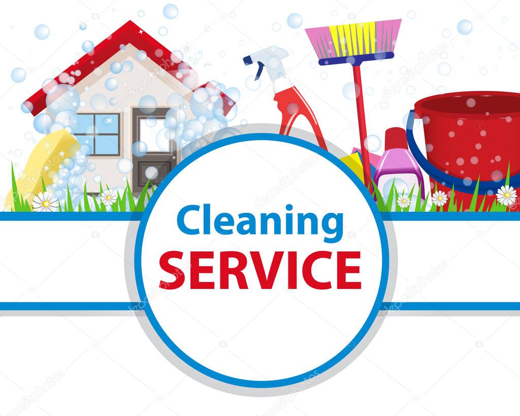 Poster clean house with tools for cleanliness and disinfection. Banner for advertising service cleaning. Wash the home. Vector