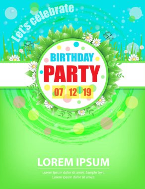 Doğum günü partisi davetiyeleri bahar ya da yaz kutlamalar için şablon tasarlayın. Vektör