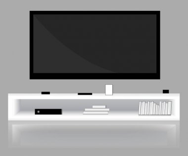 Düz ekran Tv, düşük raf ile modern parlak oda. Grafik şablonu. Kadar alay et. Vektör 