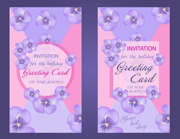 Dekorative vertikale Grußkarte oder Einladungskarte mit lila Blume, violett. Set wunderschöner Hochzeitskarten. Vektor — Stockvektor