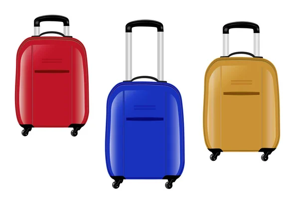 Tři moderní kufry na kolečkách. Červená, modrá a žlutá. Vektor — Stockový vektor