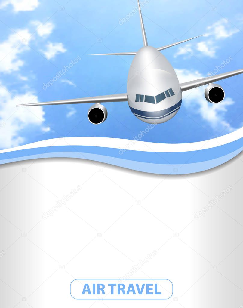 Airplane flying up against the sky. Air travel. Design a flyer, poster, banner with place for text. Vector