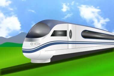 Süper akıcı yüksek hızlı modern iş tren. Doğal yaz görünümü. Kavram demiryolu turizm taşımacılığı. Vektör