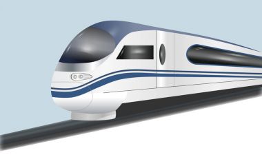 Süper akıcı hızlı tren. Kavram demiryolu turizm taşımacılığı ve demiryolu seyahat. Vektör