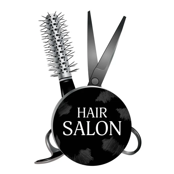 Diseño de logotipo salón de belleza con tijeras y cepillo para el cabello. Símbolo de corte. Vector — Vector de stock