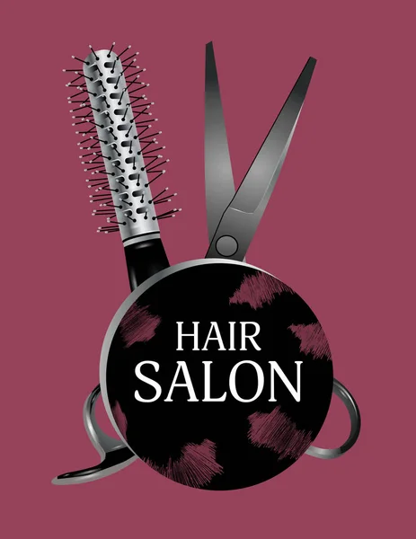 Diseño de logotipo salón de belleza con tijeras y cepillo para el cabello. Símbolo de corte de pelo sobre un fondo rosa. Vector — Archivo Imágenes Vectoriales