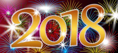 2018 yeni yıl tasarım. Altın sayı. Parlak renkli havai fişek ile arka plan, tatil tebrik. Vektör 