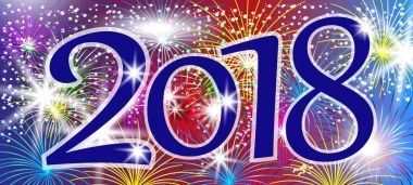Tasarım 2018 mutlu yeni yıl. Parlak renkli havai fişek ile arka plan, tatil tebrik. Vektör
