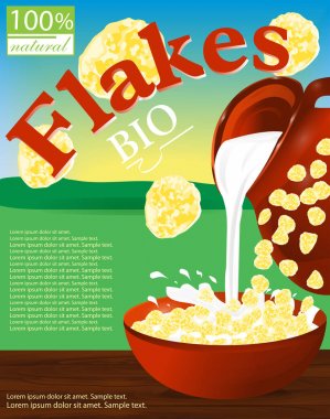 Pul Mısır veya buğday bir kase. Bir tabak sürahi dökme süt. Mısır gevreği kutuları için etiket. Arka plan alanını, gökyüzü ve güneş. Vektör