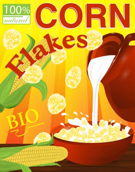 Fiocchi di mais in una ciotola. Latte versando dalla brocca un piatto. Etichetta per scatole di cereali. Vettore — Vettoriale Stock
