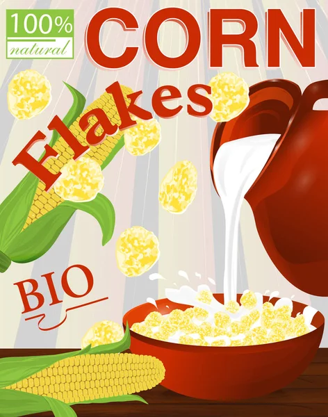 Etichetta fiocchi di mais. Latte versando dalla brocca un piatto. Vettore — Vettoriale Stock
