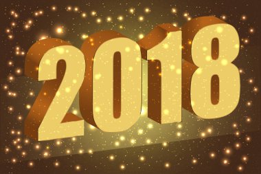Mutlu yeni yıl 2018. Altın kahverengi arka planda glitter ile 3d numaralandırır. Vektör