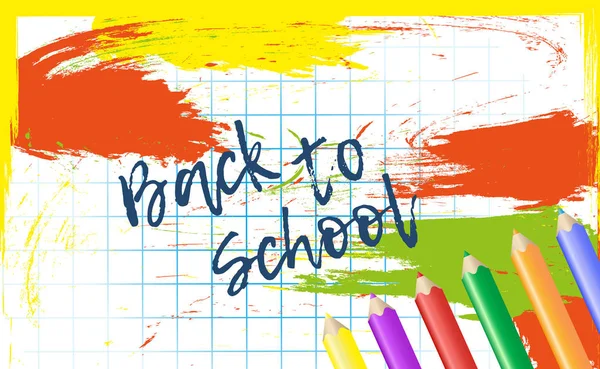 Tervezősablon vissza az iskolába a transzparensek és plakátok. Absztrakt színes háttérrel, sejt és a ceruza. Vektor — Stock Vector