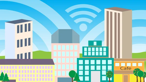 Smart city wi-fi. Edificios y árboles, cafetería. Vector — Vector de stock