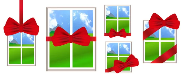 Fenster mit roter Schleife und Schleife als Geschenk mit Blick auf die Landschaft. Illustrationen auf weißem Hintergrund setzen. — Stockvektor