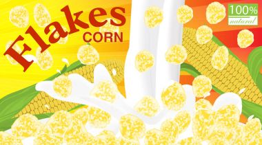 Mısır gevreği. Tasarım kutusu için. Dökülen süt. Mısır gevreği paketi etiketi. Vektör