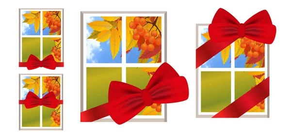 Finestra con nastro rosso e fiocco come regalo con vista sul paesaggio autunnale, ramo di Rowan. Set illustrazioni su sfondo bianco . — Vettoriale Stock