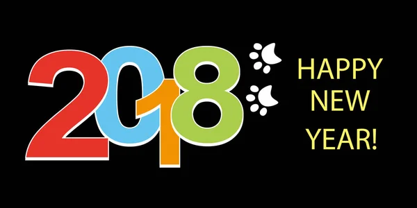 Números coloridos 2018 Nuevo año con un rastro del perro, huella de la pata sobre un fondo negro. Elemento para el diseño de vacaciones. Vector — Archivo Imágenes Vectoriales