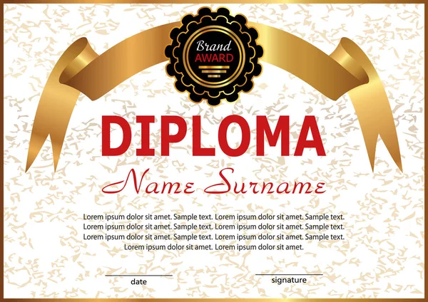 Diploma or certificate. Elegant design with golden ribbon. Winning the competition. Vector — Stock Vector
