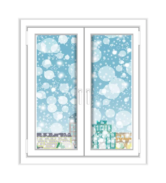 Окно пластик с видом на зиму и городской пейзаж на белом фоне. Вектор — стоковый вектор