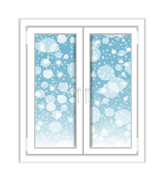 Ventana de plástico con vista de invierno sobre fondo blanco. Vector — Vector de stock