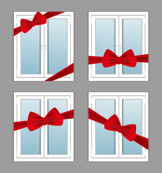 Windows z tworzywa sztucznego z czerwoną wstążką i łuk jako prezent. Zestaw illustratset ilustracje. — Wektor stockowy