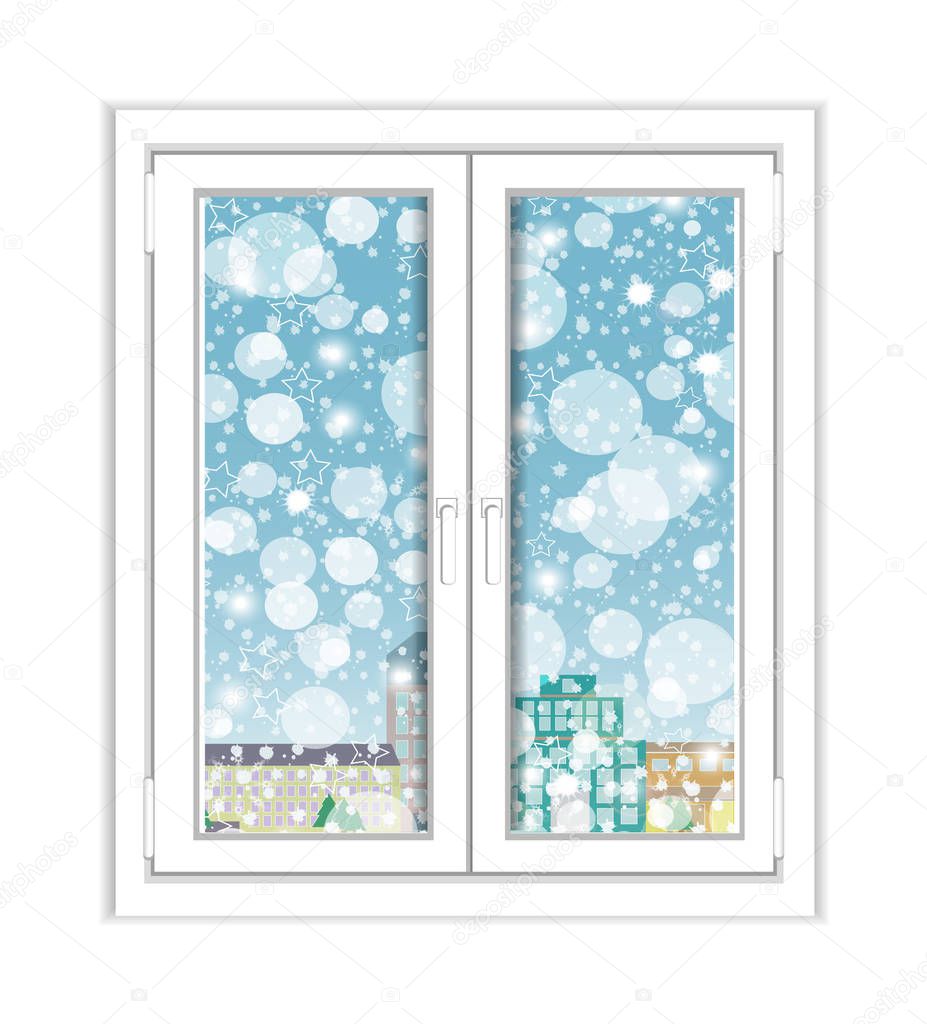Window plastic with a winter view and urban landscape over white background. Vector 