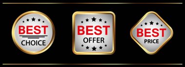 Üç vektör rozetleri koleksiyonu en iyi seçim, iyi teklif, en iyi fiyat. Vektör