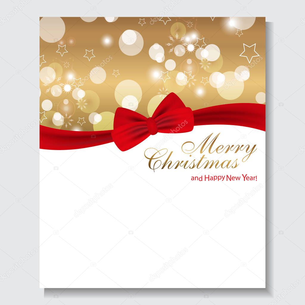 Gold holiday background with red bow for Christmas and New Year. Design for posters, banners or cards. Vector
