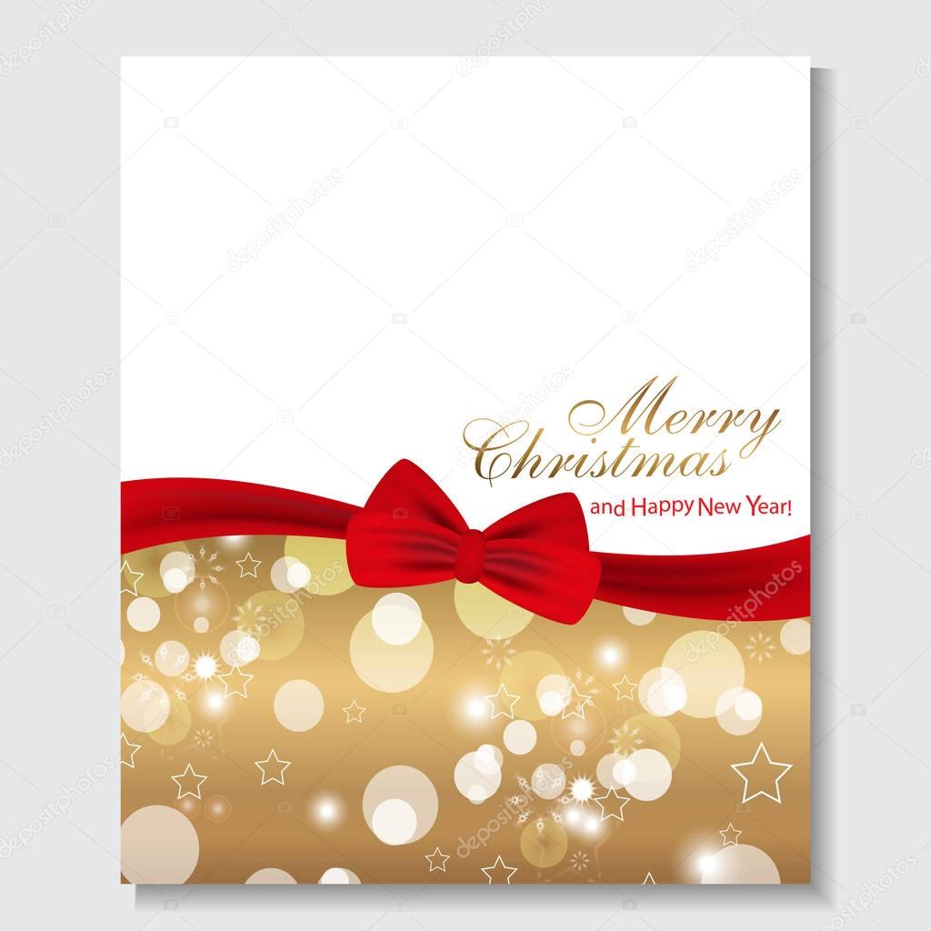 Gold holiday background with red bow for Christmas and New Year. Design for posters, banners or cards. Vector