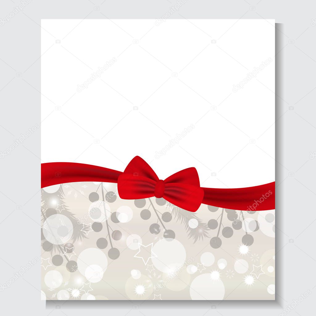 Silver holiday background with red bow for Christmas and New ear. Design for posters, banners or cards. Vector