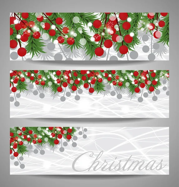 Collection Christmas and  New Year banners with fir branches and red berries. Vector — Stock Vector