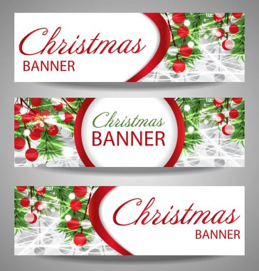 Koleksiyon Noel ve yılbaşı Banner çam dalları ve kırmızı meyveler.